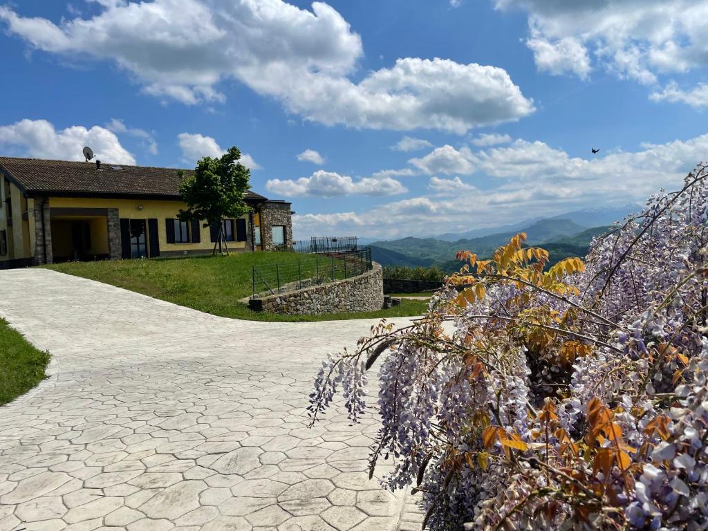 eine steinerne Einfahrt zu einem Haus mit Bergen im Hintergrund in der Unterkunft Villa Cavalieri in Vedriano in Roncovetro