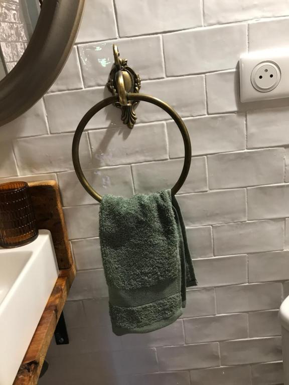 a green towel hanging on a towel ring in a bathroom at Le pigeonnier du beffroi in Bruniquel