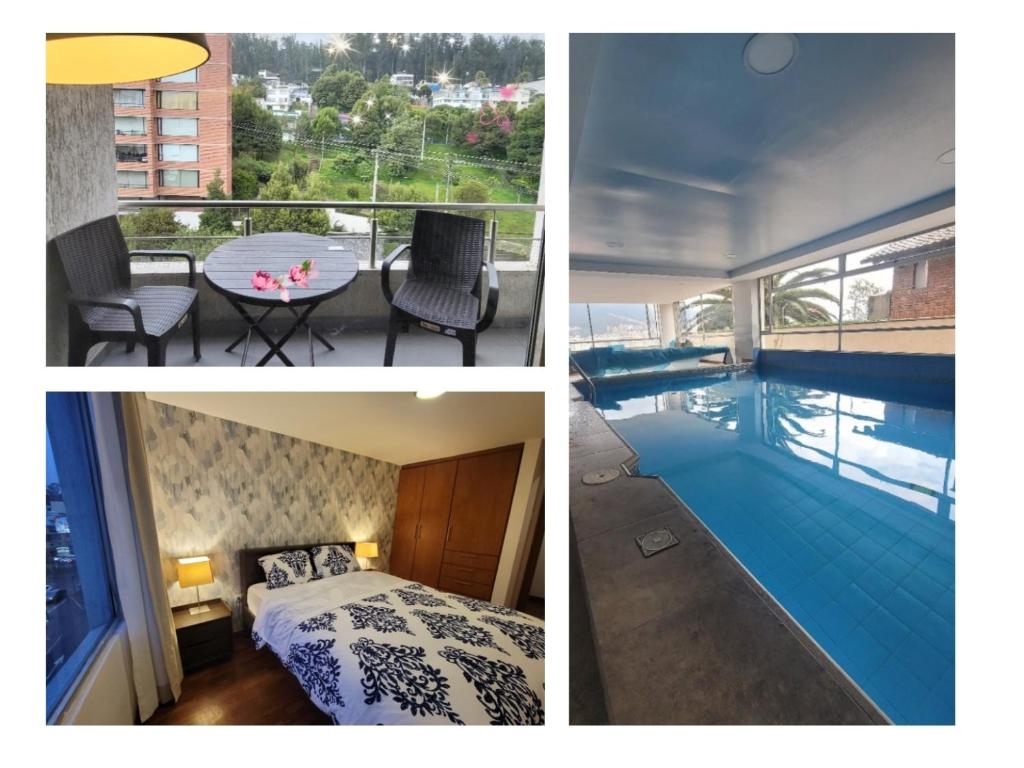 een collage van foto's van een hotelkamer met zwembad bij invitin annabella's apartment in Quito