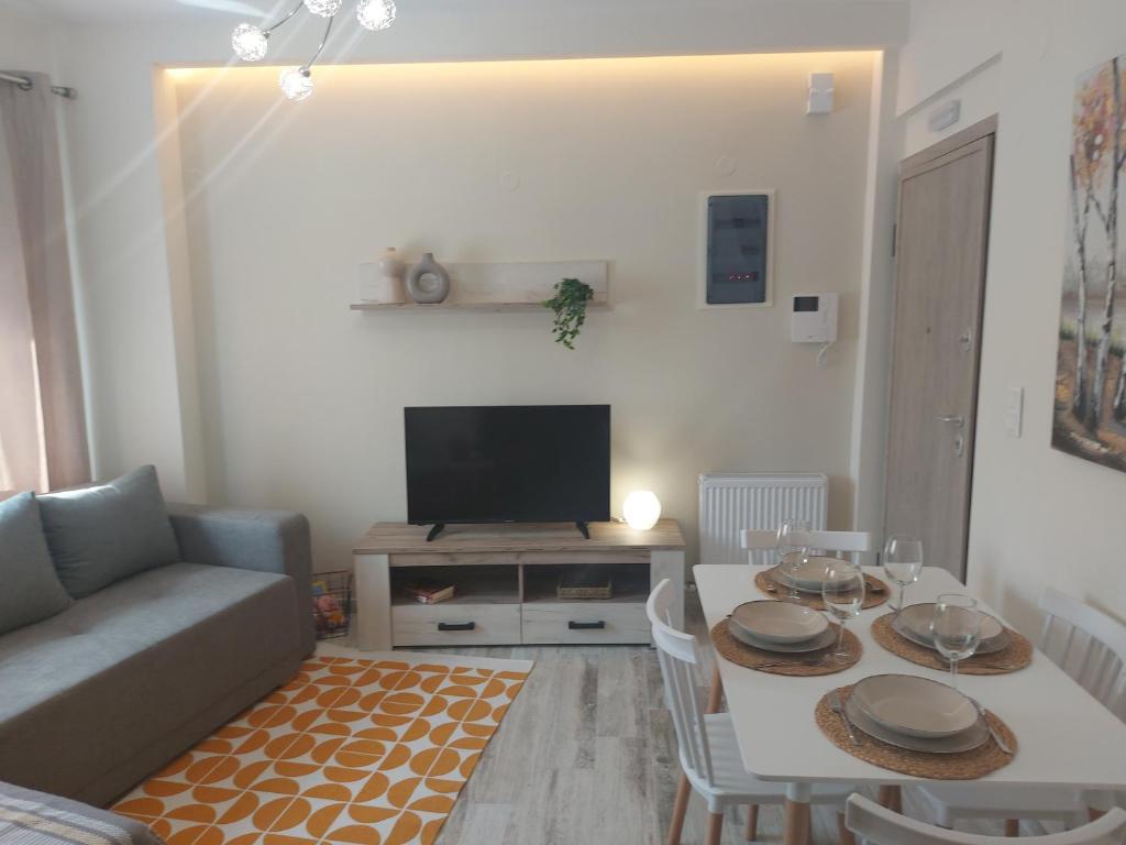 een woonkamer met een bank, een tafel en een televisie bij Villanova - Emerald Suite in Thessaloniki