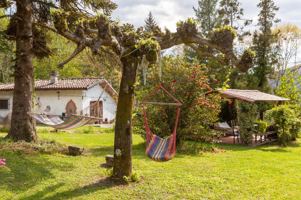 uma rede pendurada numa árvore num quintal em Casa vacanze La Capannina em Pieve Fosciana