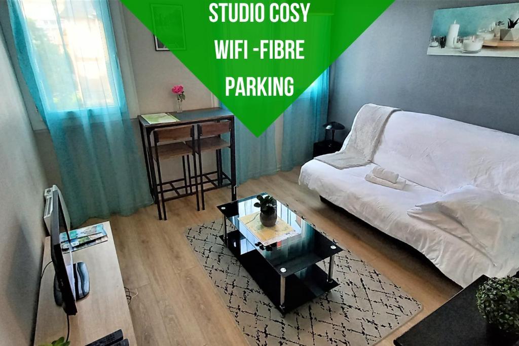 a living room with a couch and a coffee table at Le Debussy - studio - WIFI FIBRE- centre ville- parking in Tarbes