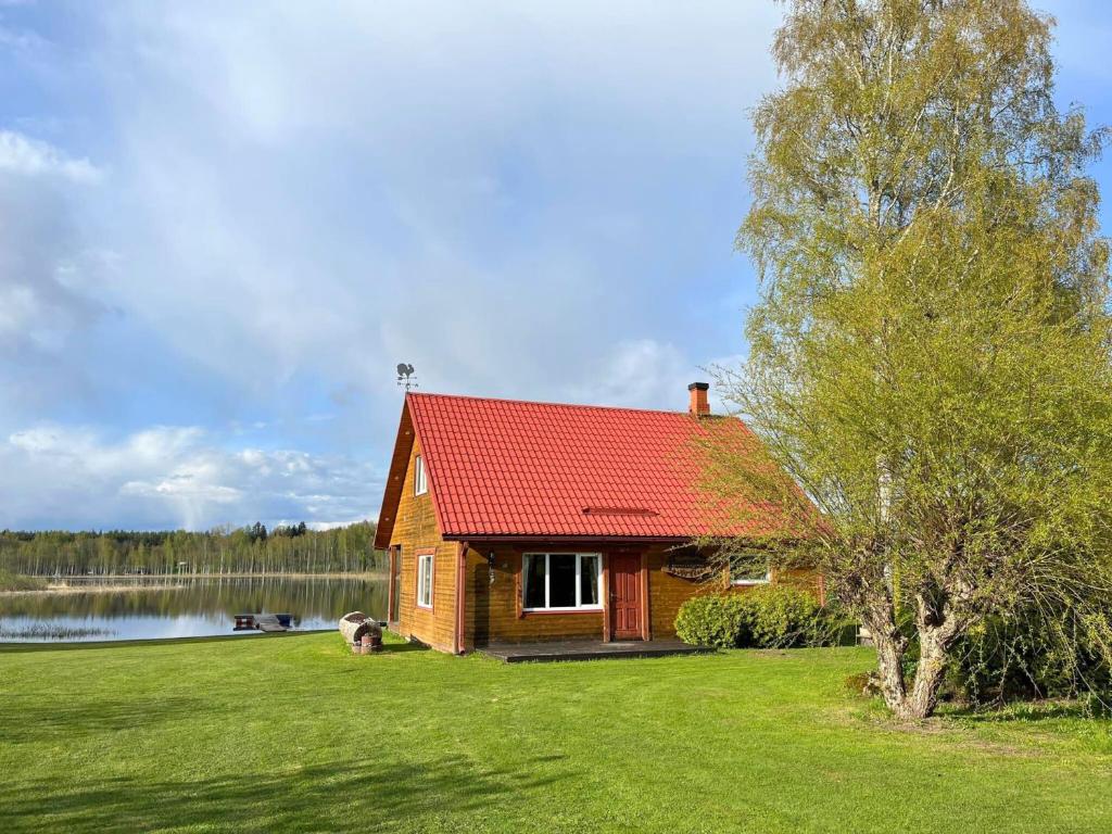 une petite maison en bois avec un toit rouge à côté d'un lac dans l'établissement PINCIKAJAS Holiday Home, 