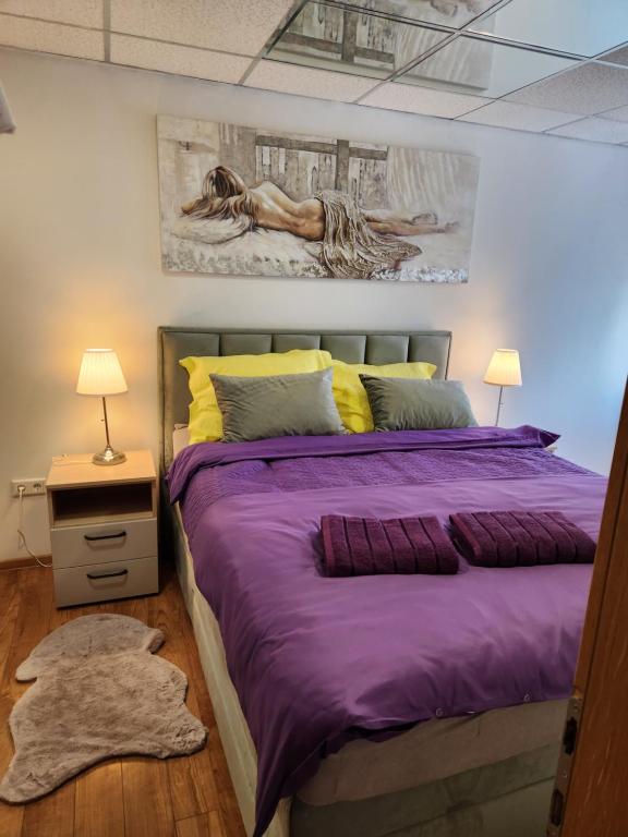 a bedroom with a purple bed with a painting on the wall at APARTMAN LIDER Zagreb Free Parking 2 Bedrooms 54 m2 Self Check-in in Zagreb