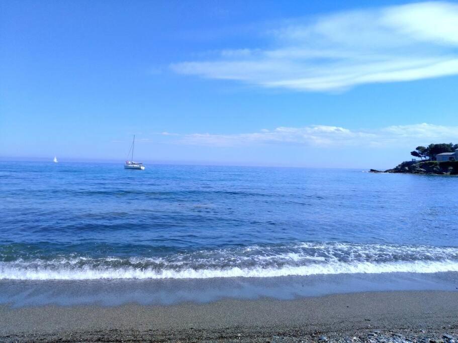 un bateau dans l'océan avec une plage dans l'établissement Appartement de charme, T3, situation idéale, pieds dans l'eau, Cap Corse, à La Vasina