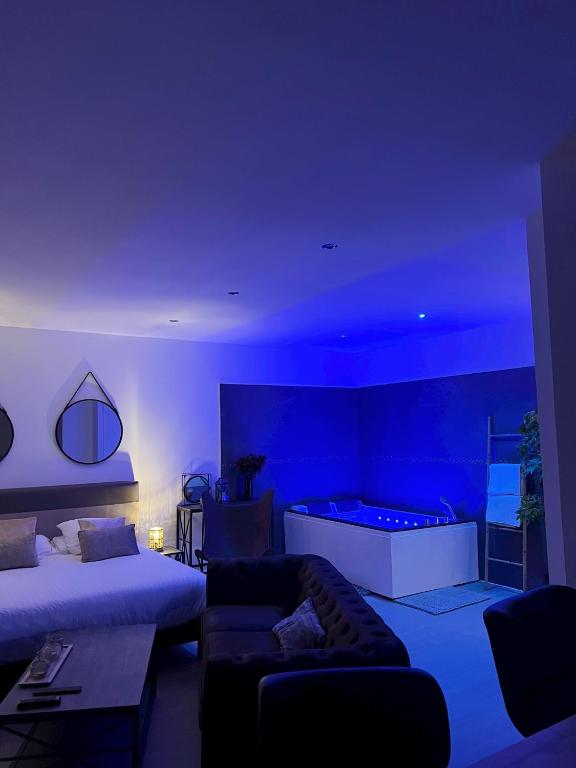 a blue room with a couch and a tub at Le 37 - Appartement privatif avec Jaccuzi in Saint-Étienne