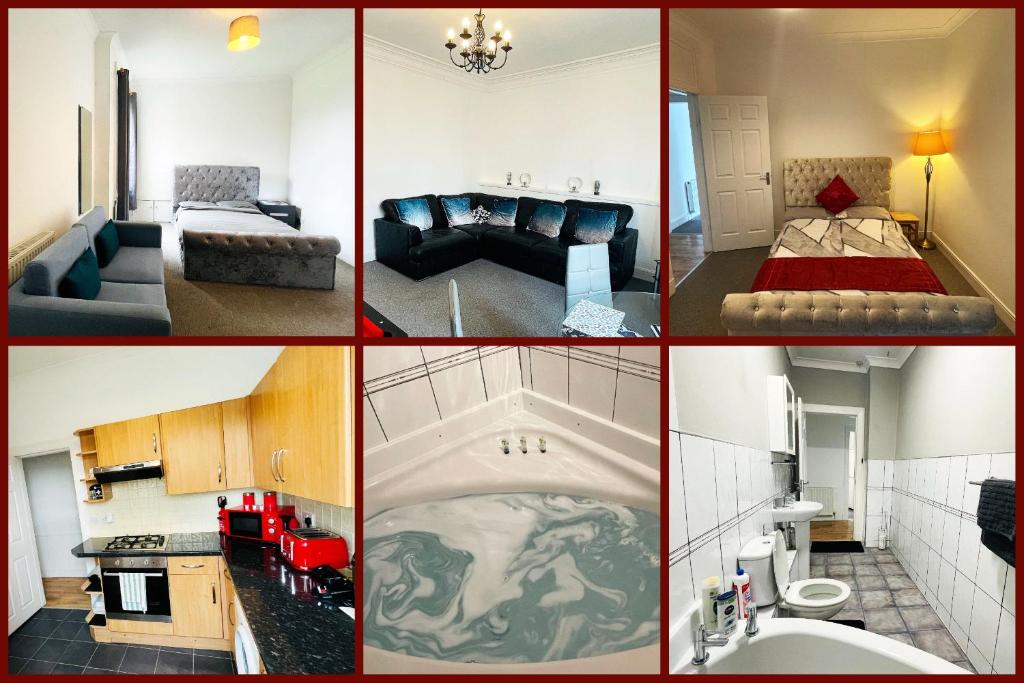 uma colagem de quatro fotografias de uma sala de estar em Two Bedroom Entire Flat, Luxury but Affordable Next to M90 em Fife