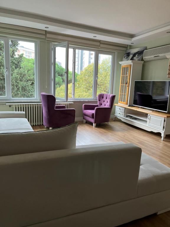 ein Wohnzimmer mit einem Sofa und zwei lila Stühlen in der Unterkunft Full house in Fenerbahce in Istanbul