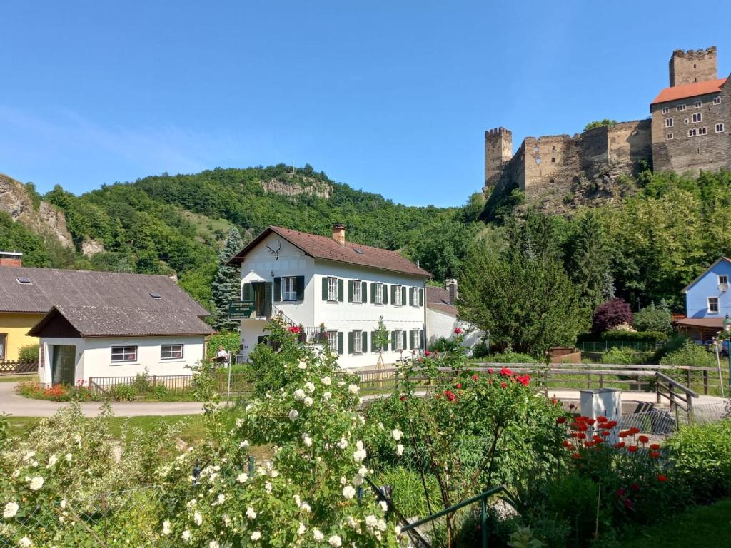 a white house with a castle in the background at Burgblick-Hardegg in Hardegg