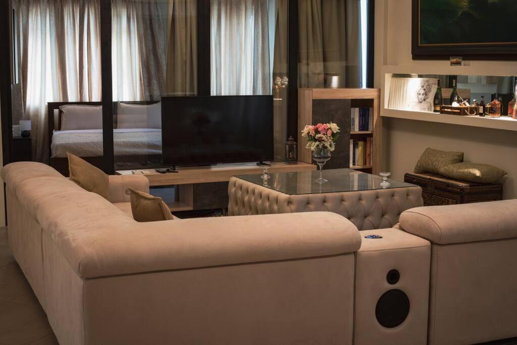 a living room with a couch and a television at Λabirinthia in Athens