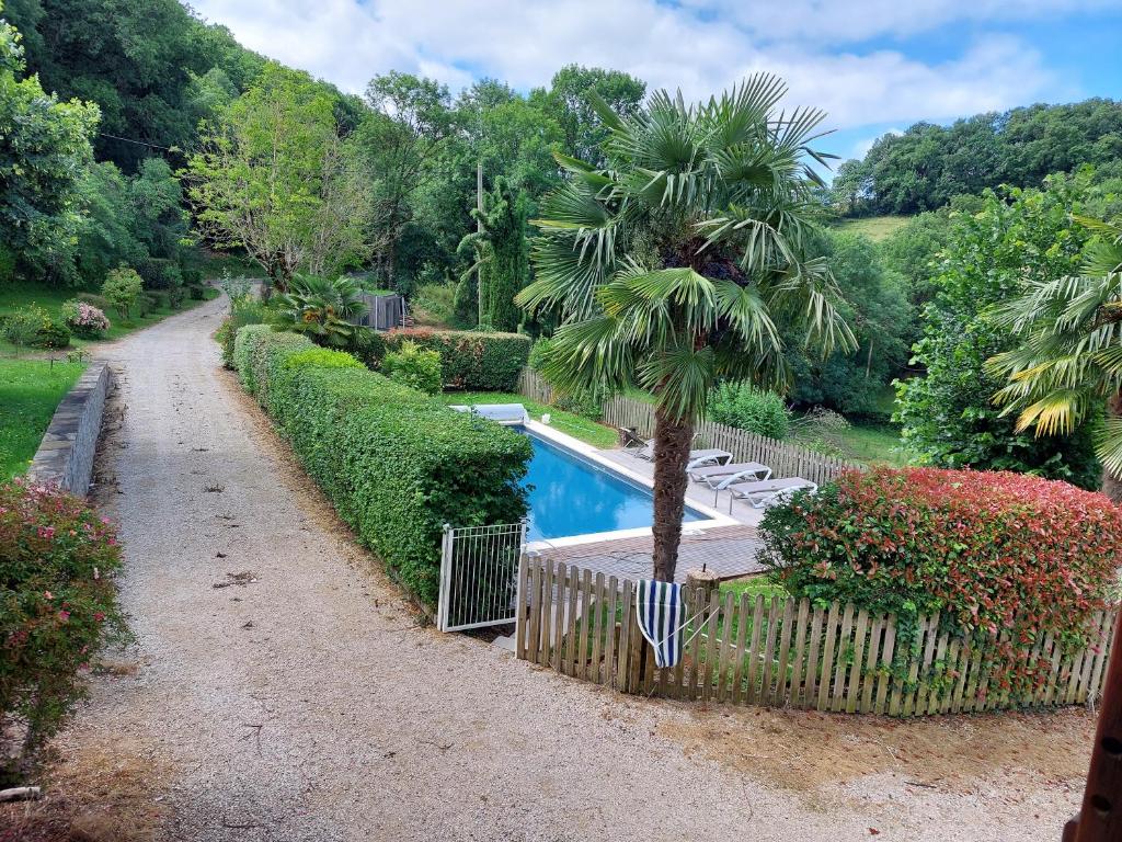 - une piscine avec un palmier à côté d'une clôture dans l'établissement Gite Le Piboul, à Espinas