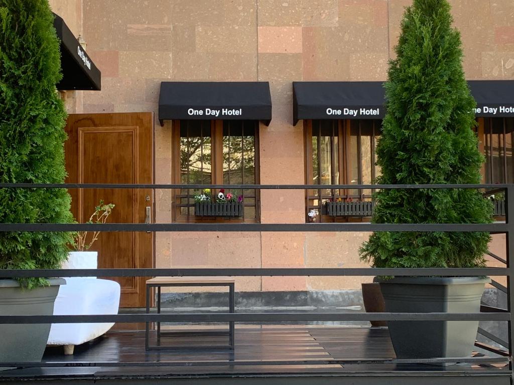 a building with two potted trees in front of it at One Day Hotel in Yerevan
