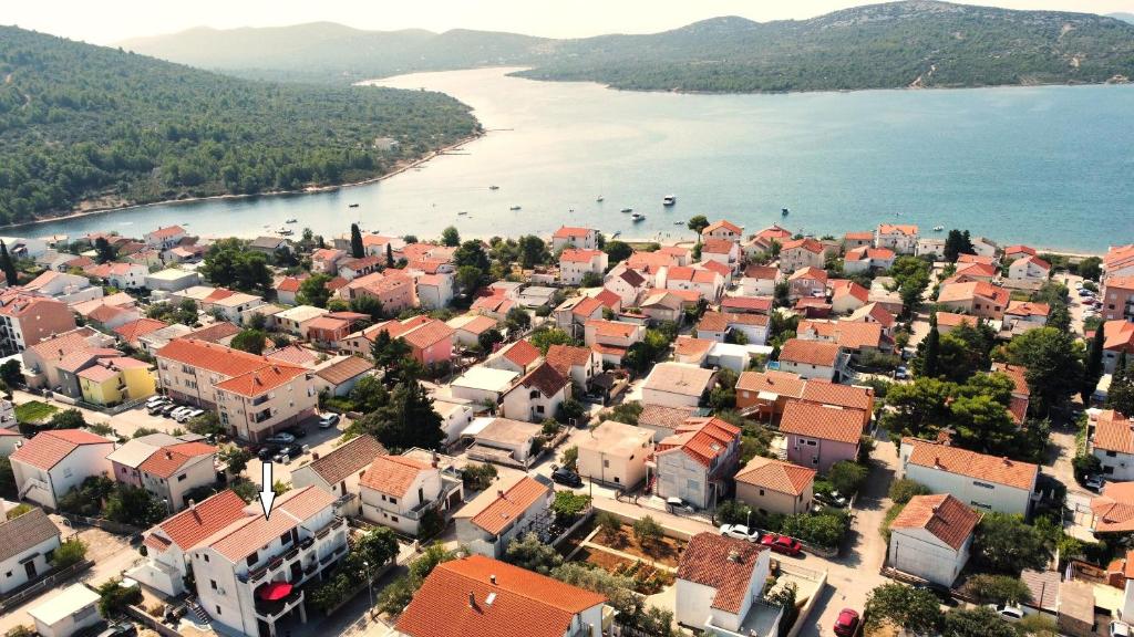 an aerial view of a town next to a body of water at Apartments Katarina in Pirovac