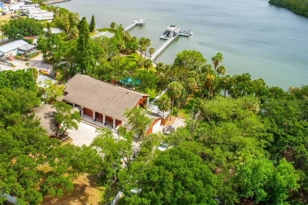 an aerial view of a house next to the water at Huge Waterfront Mini-Resort with Gym, Dock and Pool in Riverview