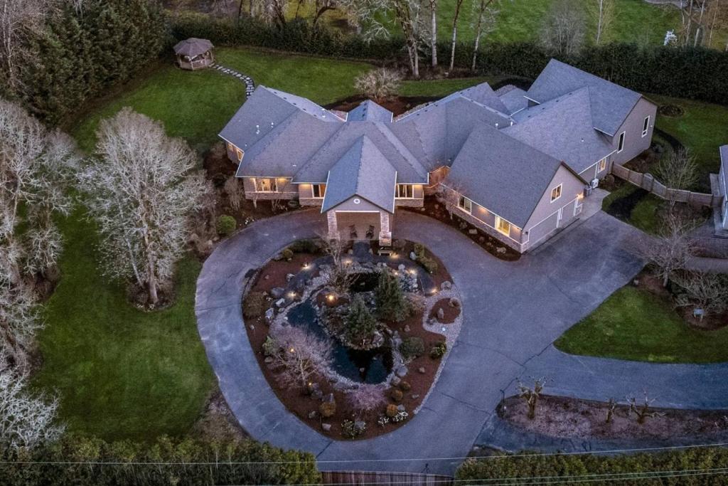 an aerial view of a house with a garden at Punkin Manor in Newberg