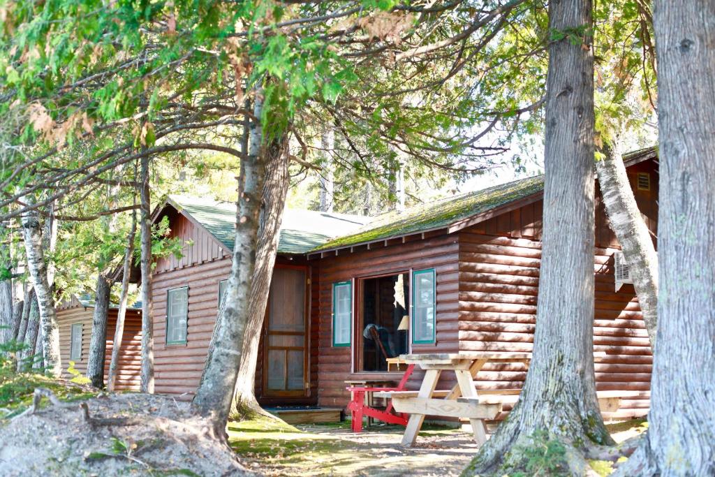 una baita di tronchi con un tavolo da picnic di fronte ad essa di Kona Kona Resort & Cabins a Laporte