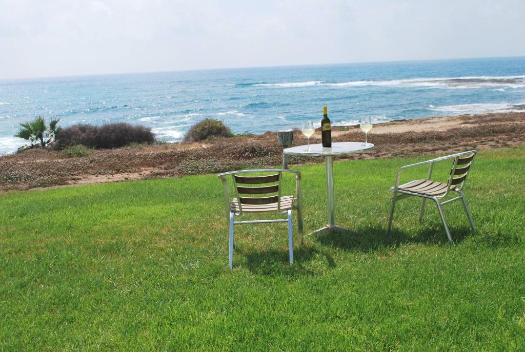 Duas cadeiras e uma mesa com uma garrafa de vinho em Sea Front Villa With Private Heated Pool, Quiet area Paphos 322 em Kissonerga