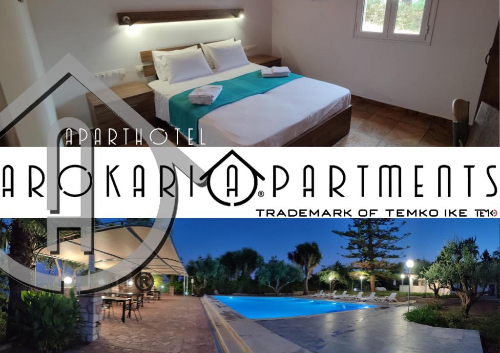 un collage de una habitación de hotel con cama y piscina en ArokariApartments, en Koroni