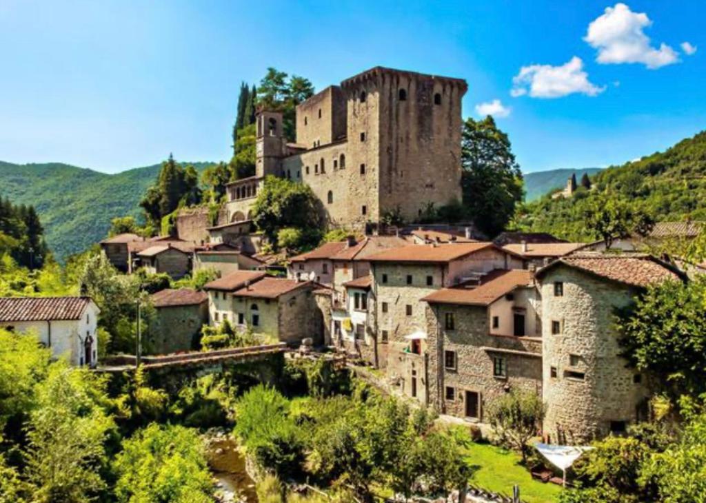 un villaggio con un castello in cima a una collina di La Casetta a Fivizzano