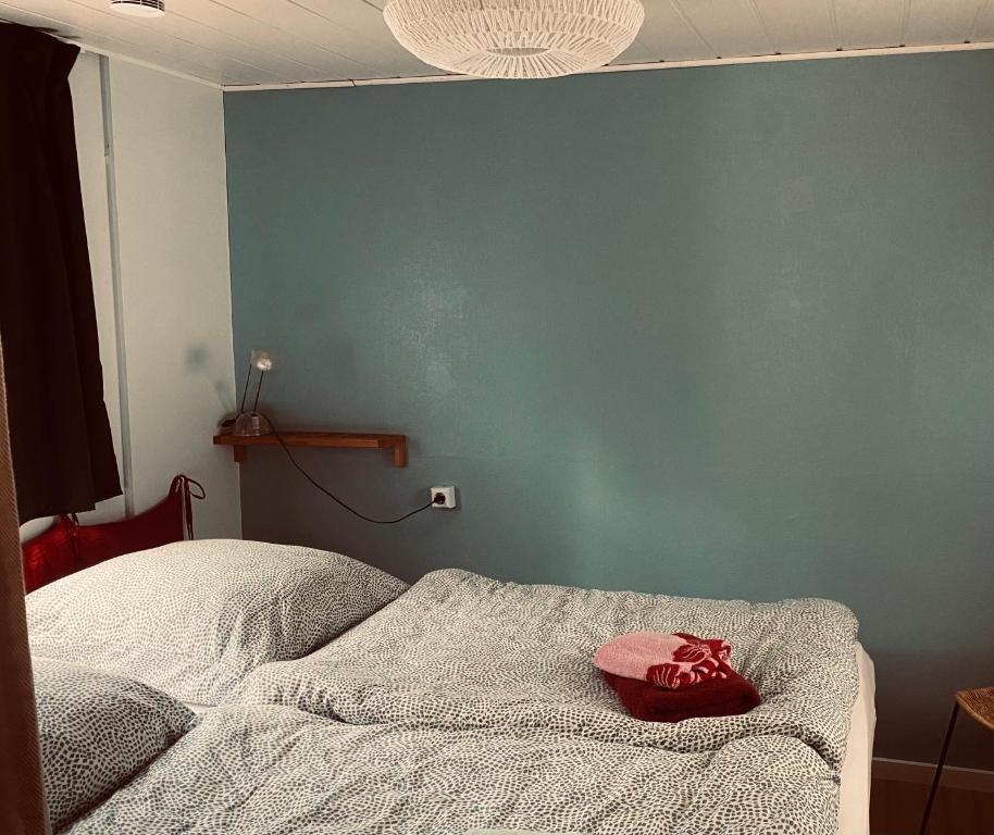 a bedroom with a blue wall and a bed at Tiny House bei Mardorf am Steinhuder Meer in Rehburg-Loccum
