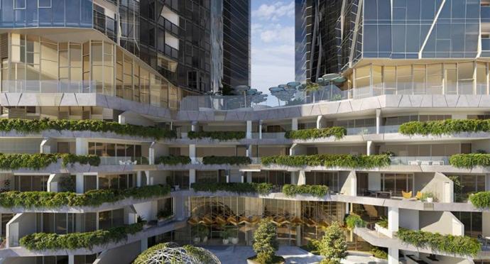 een architectonische weergave van een appartementencomplex met planten bij WSP 3B2B apartment in CBD with free parking in Melbourne