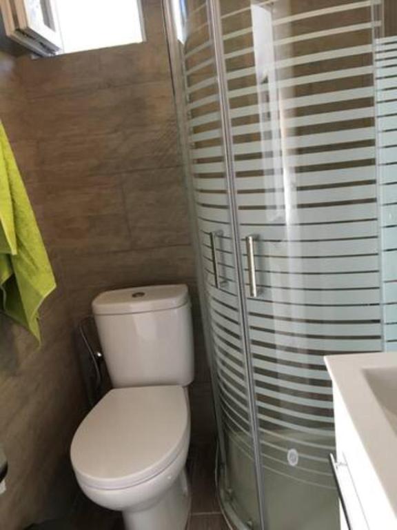 a bathroom with a toilet and a shower and a sink at Marditsa's House by the sea in Serifos Chora