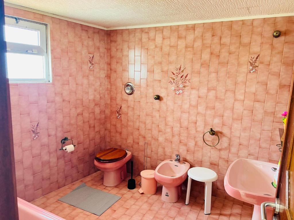 un bagno rosa con servizi igienici e lavandino di HOSTEL GOLDEN STAR a Gião