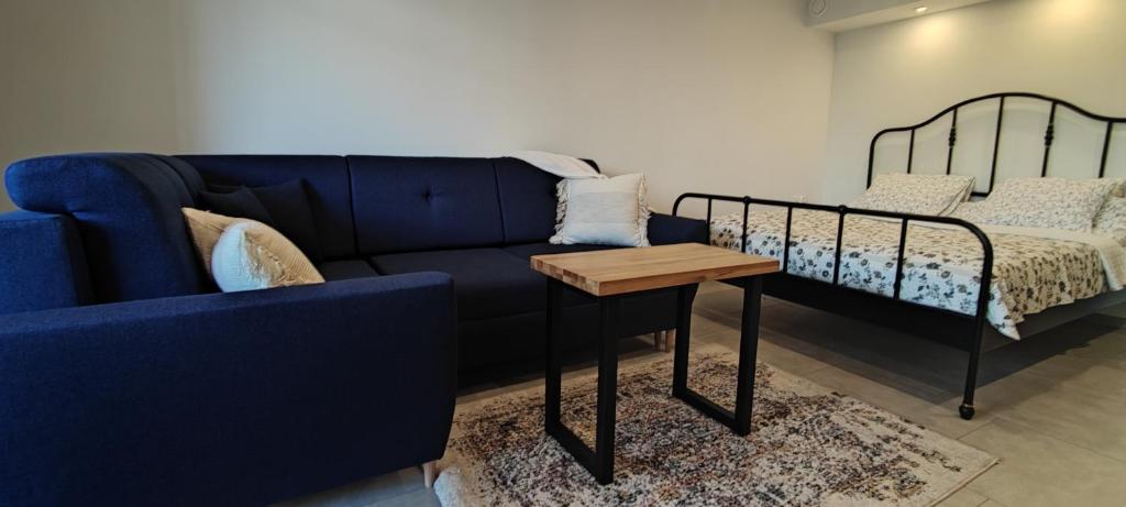 a living room with a blue couch and a bed at Apartament Kopernik in Bystrzyca Kłodzka