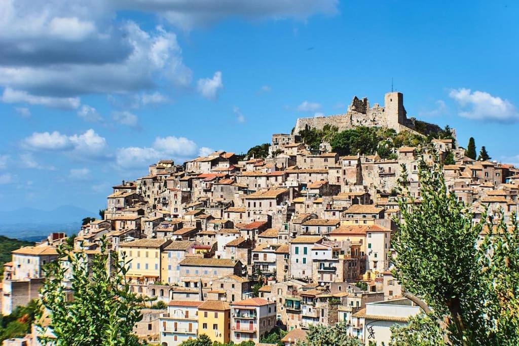 een stad op een heuvel met een kasteel bovenop bij Domus - IL GIRASOLE in Montecelio
