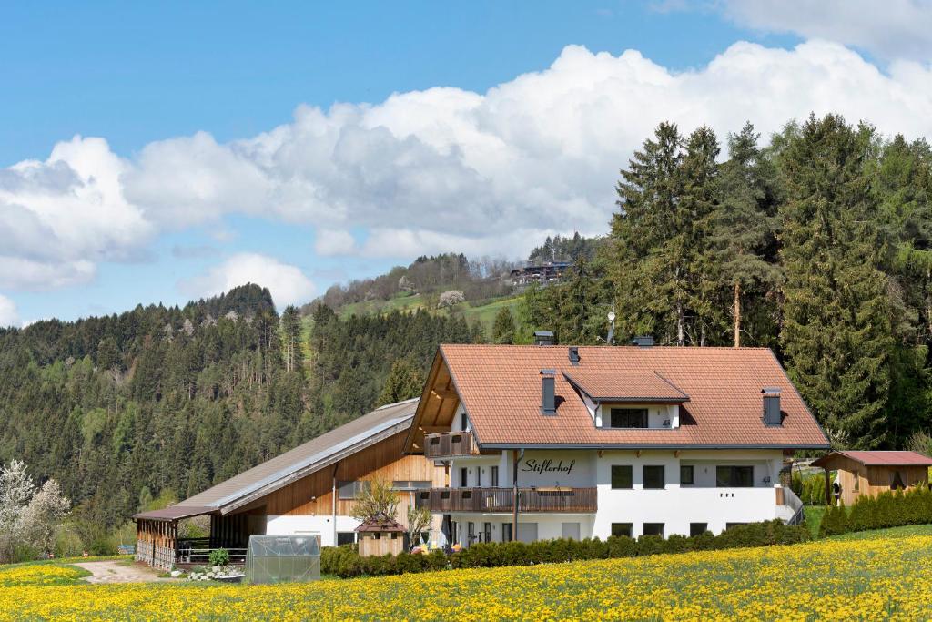 uma casa numa colina com um campo e árvores em Stiflerhof Apt Alpenrose em Falzes