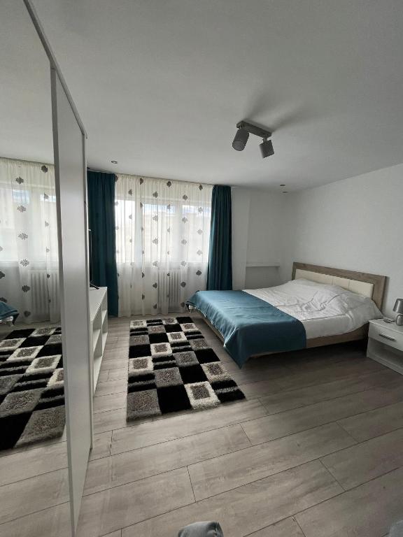 a bedroom with a bed and a mirror at Karlsburg Studio in Alba Iulia