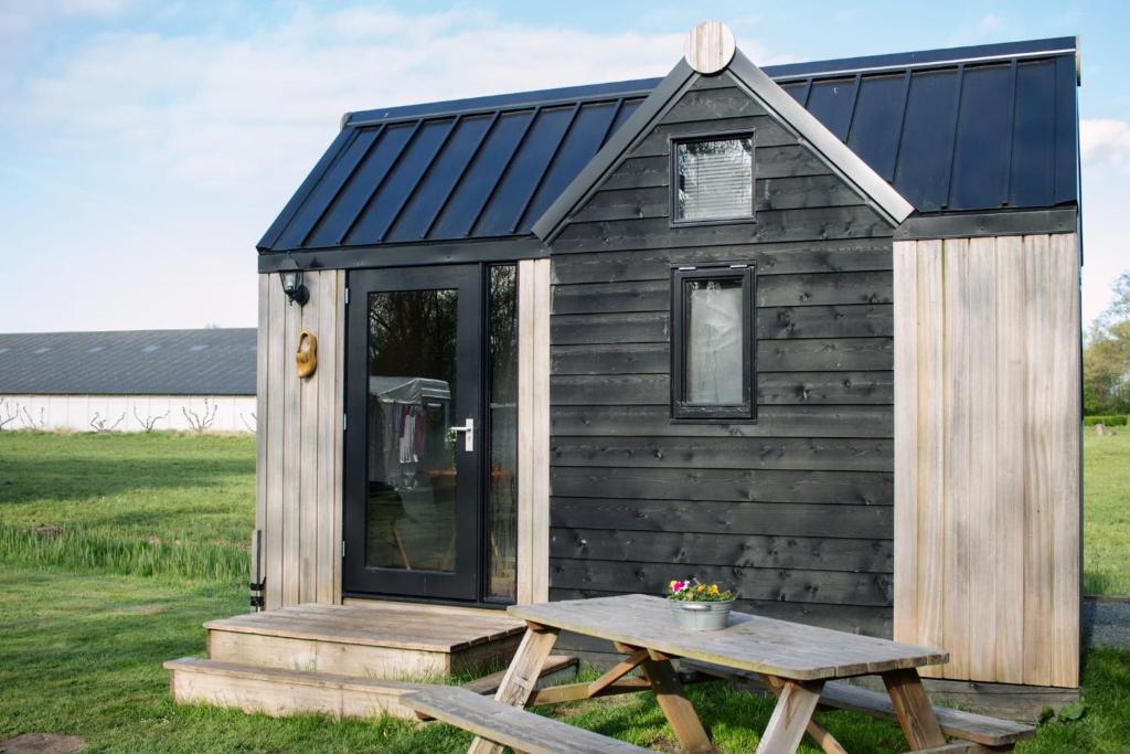 eine Holzhütte mit einem Picknicktisch auf einem Feld in der Unterkunft Tiny house Giethoorn in Giethoorn