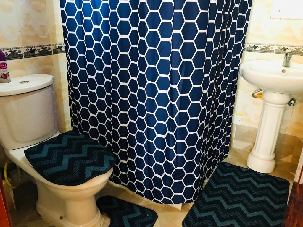 a bathroom with a toilet and a shower curtain at Maliaways Comfy Airbnb-Jkia in Nairobi