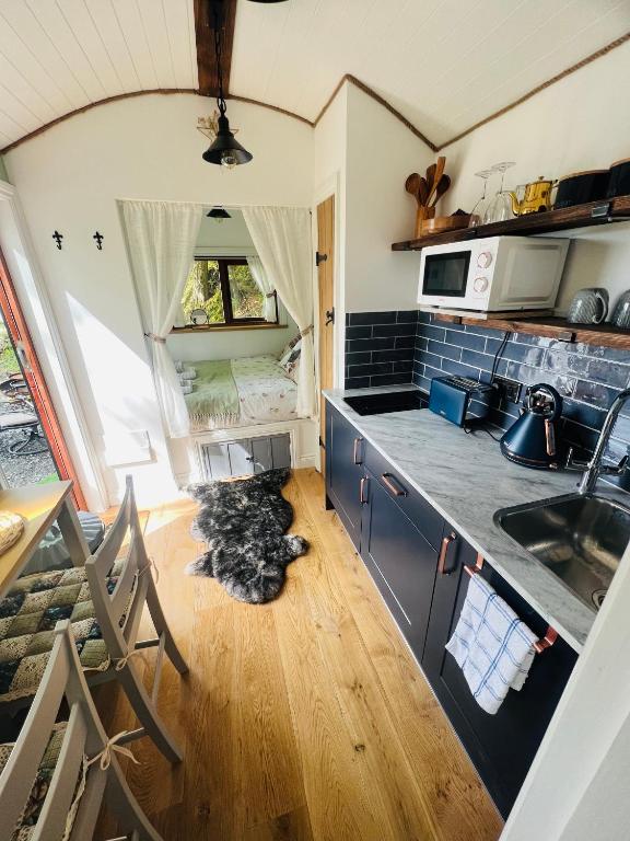 Kuchyň nebo kuchyňský kout v ubytování Romantic Shepherds Hut with Hot Tub in The Heart of Snowdonia