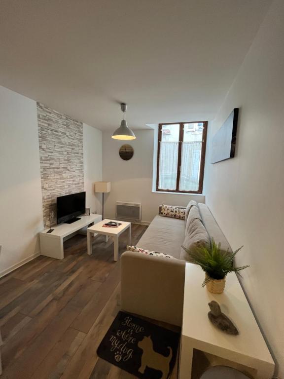 een woonkamer met een bank en een tafel bij Grand studio, chambre séparée, calme, centre ville prox Cathédrale - parking possible in Orléans