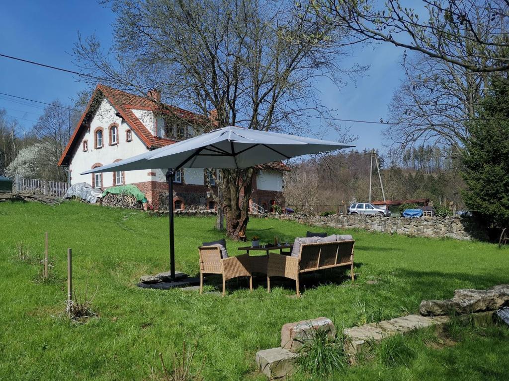 een tafel en stoelen onder een paraplu in een tuin bij ZACZAROWALIM - Dom w Górach Sowich in Walim