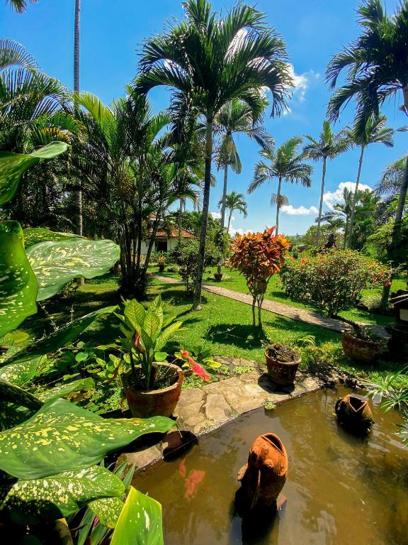 a garden with palm trees and a pond with plants at Cabé Bali in Jasri