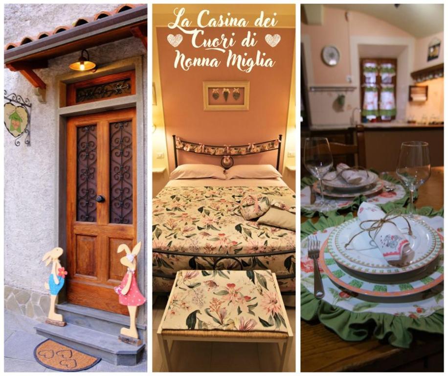 trzy zdjęcia sypialni z łóżkiem i stołem w obiekcie La casina dei cuori di nonna Miglia w mieście Pallerone