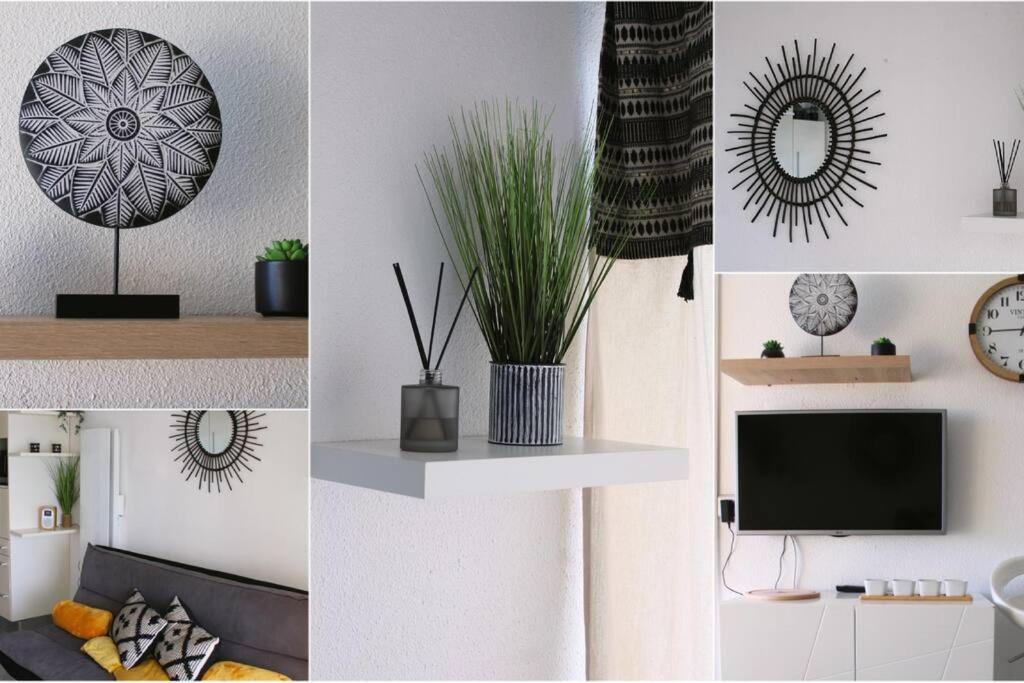 un collage di immagini di un soggiorno con TV e specchio di T1 Cabine 4 couchages vue mer ! a Frontignan