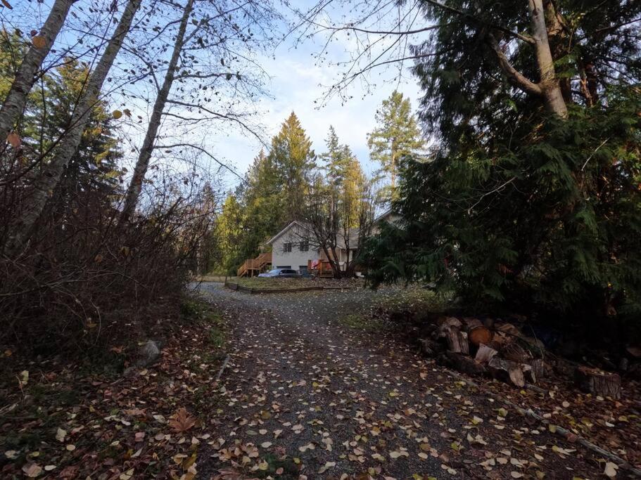 uma estrada de terra que leva a uma casa na floresta em Countryroad Cozy 2Bedrooms suite2 em Nanaimo