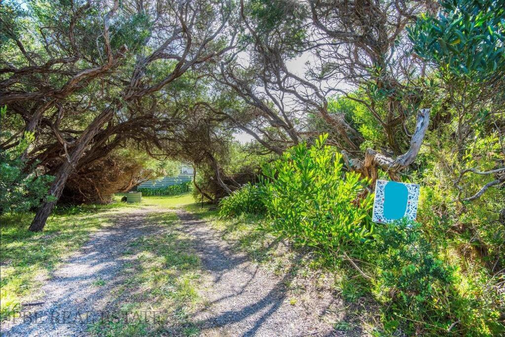 um caminho através de uma floresta de árvores com um sinal sobre ele em Coastal Hideaway - Venus Bay (1st Estate) em Venus Bay