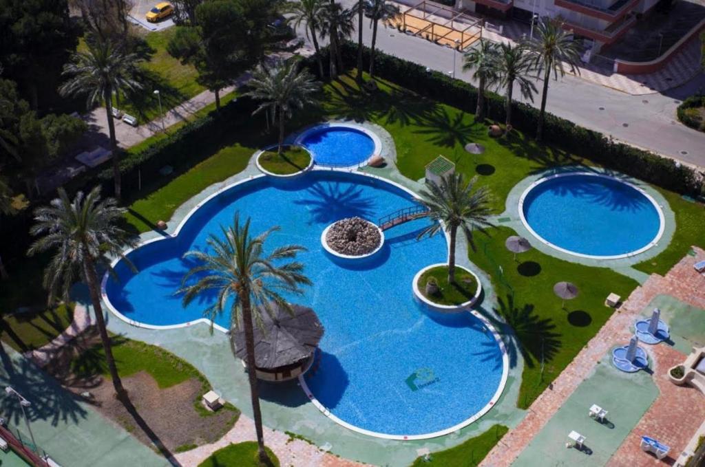 Výhled na bazén z ubytování NUEVO, primera linea de playa, con piscina y vistas al mar nebo okolí