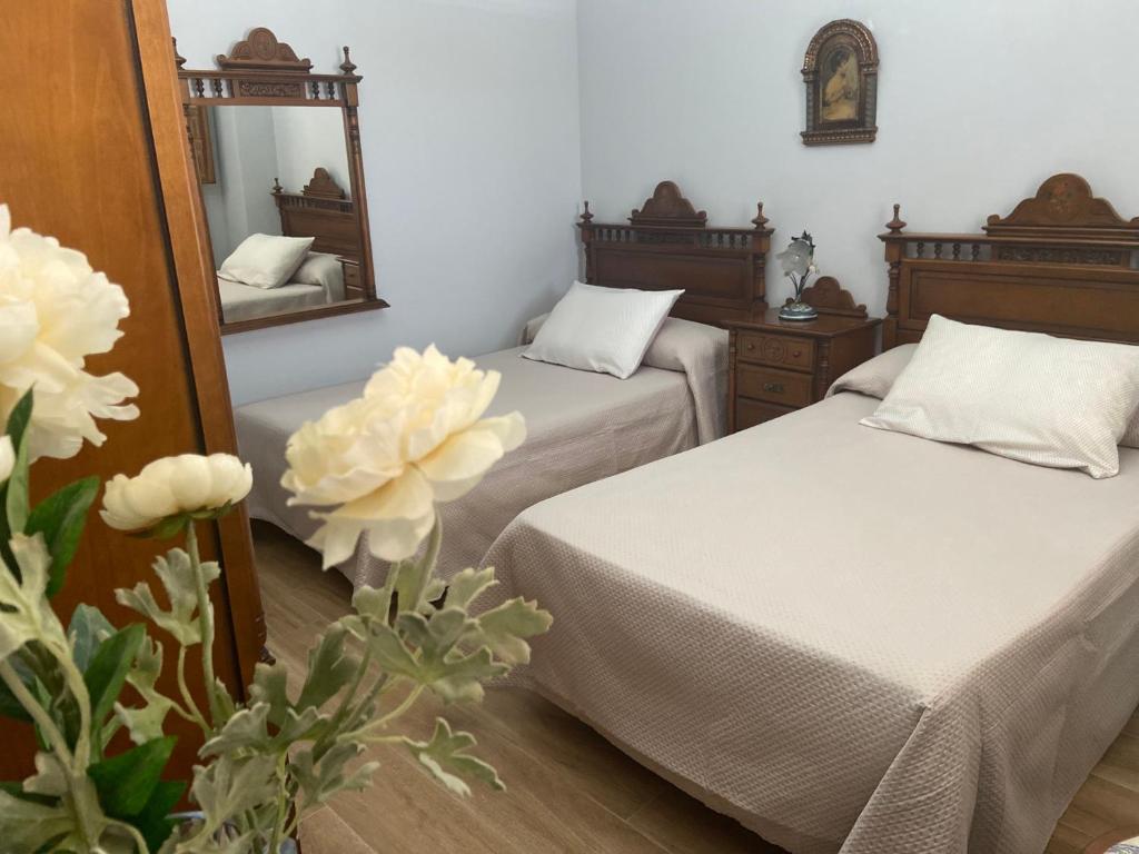 1 Schlafzimmer mit 2 Betten, einem Spiegel und Blumen in der Unterkunft Apartamento Venus in Salar