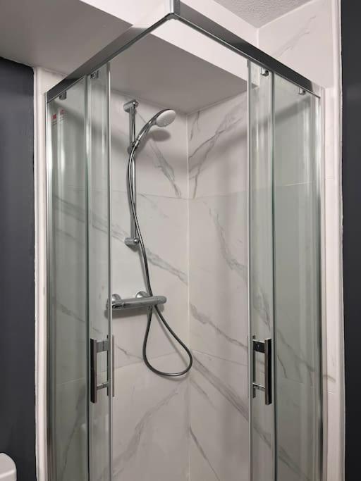a shower with a glass door in a bathroom at Studio côté plage tout équipé vue sur le Canigou in Canet-en-Roussillon