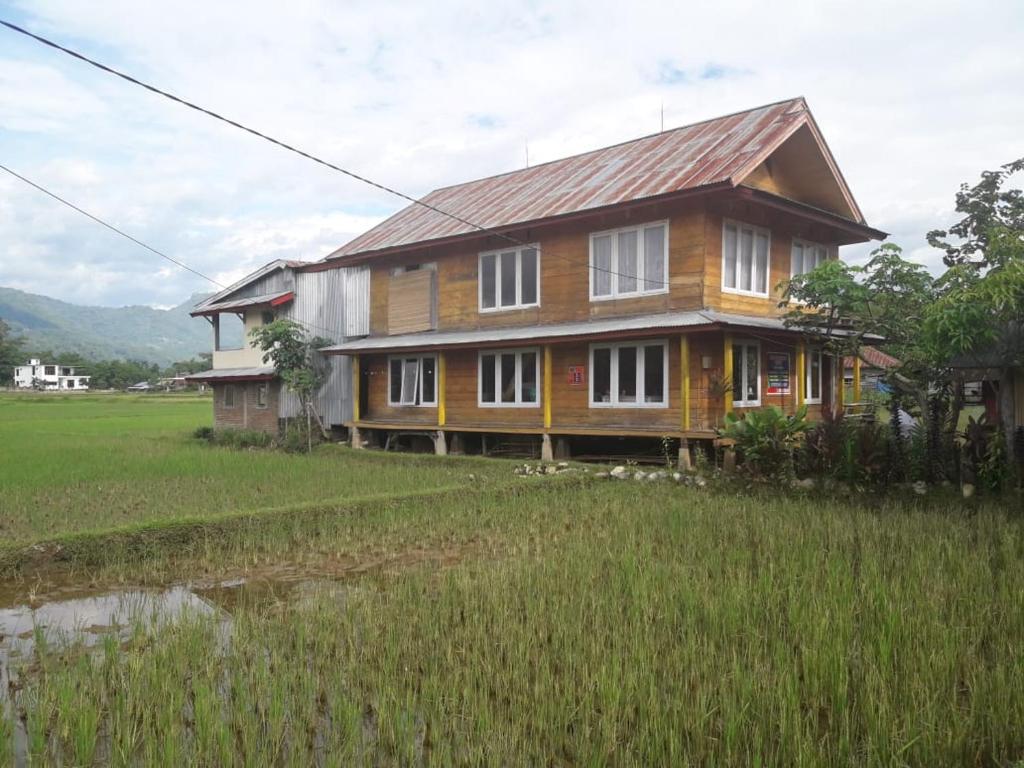 een huis bovenop een weelderig groen veld bij Purabarang Homestay in Rantepao