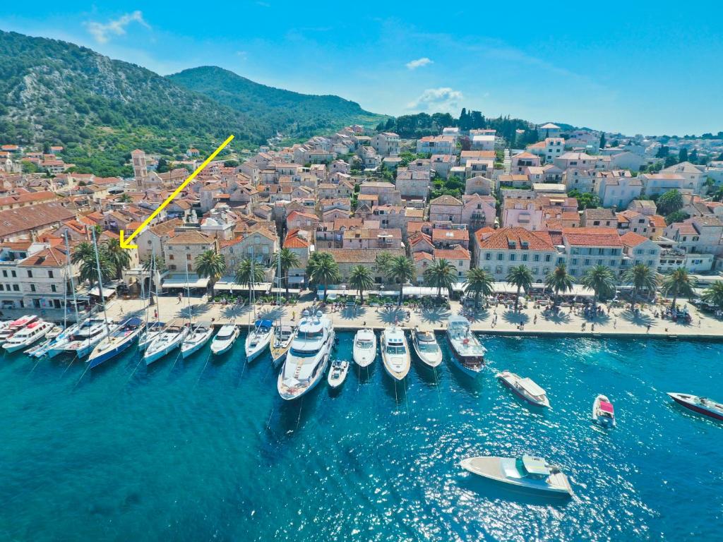 an aerial view of a harbor with boats in the water at *Beautiful, centrally located studio apartment* in Hvar