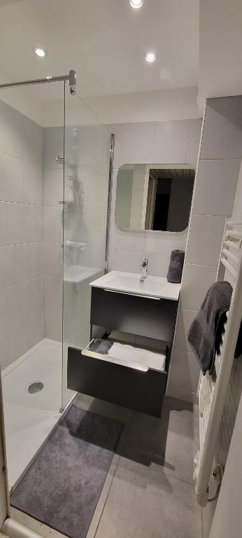 bagno bianco con lavandino e doccia di T2 vue mer dans résidence calme / T2 sea view in a quiet residence a Bandol