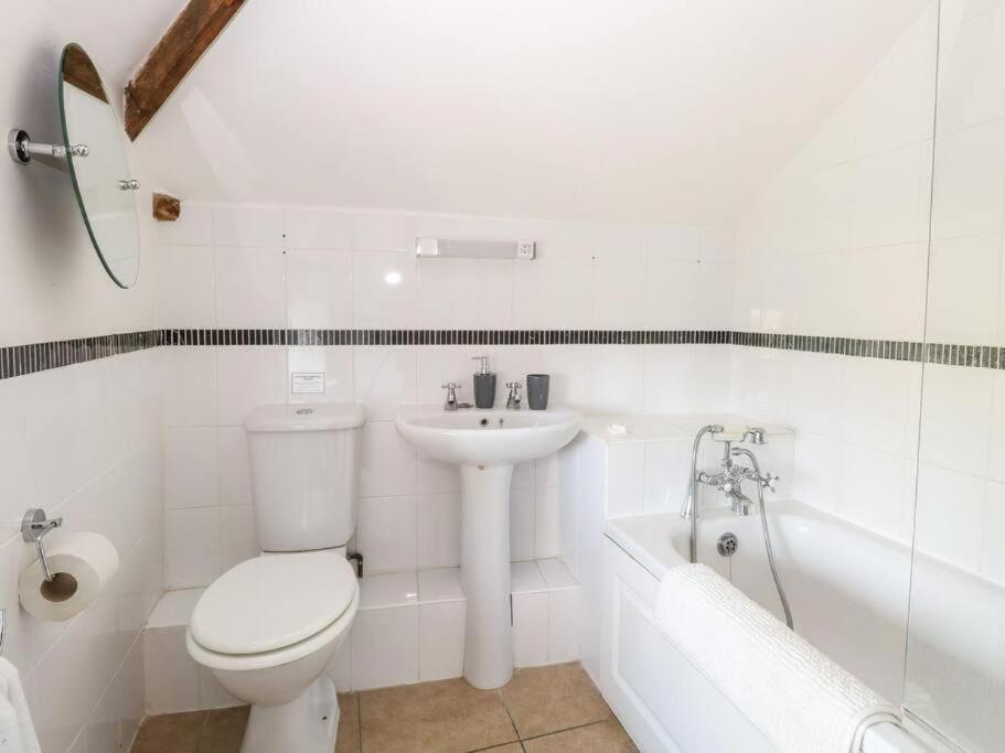 a white bathroom with a toilet and a sink at PondView Cottage with swimming pool, and garden in Tibenham