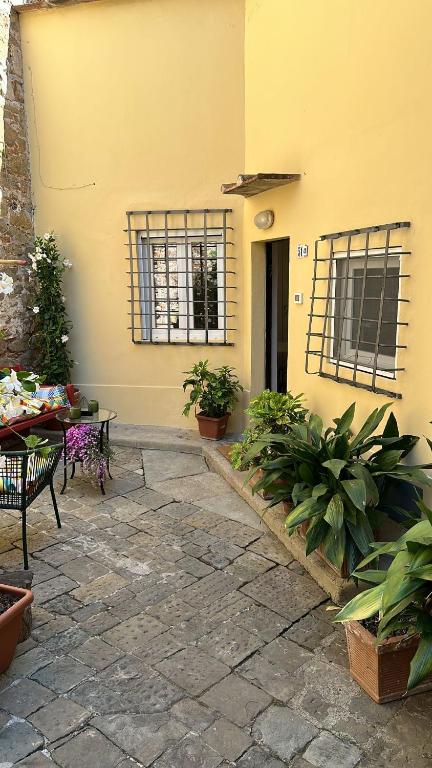 a patio with plants and a table and a building at San Giorgino Home in Florence