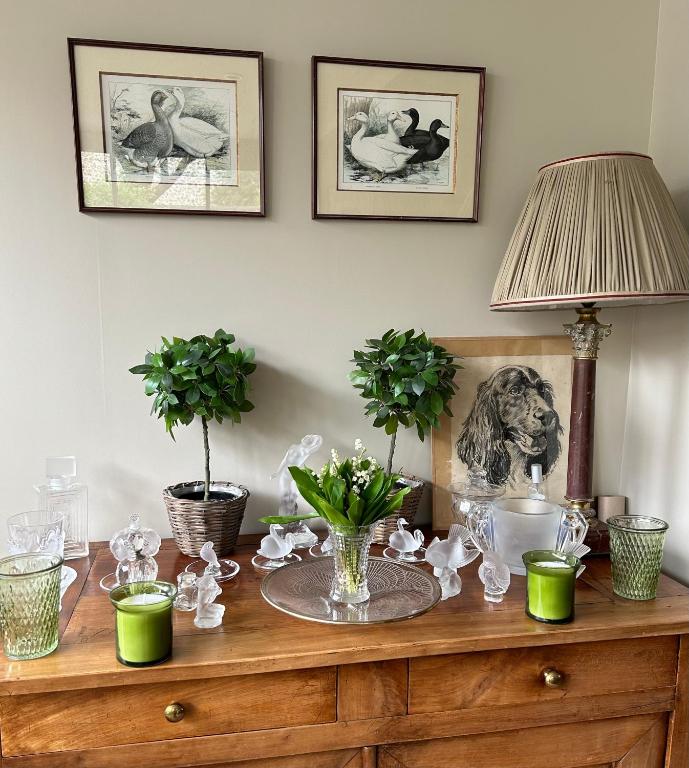 a wooden dresser with a lamp and plants on it at Le Jardin Cathedrale in Chartres